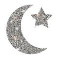 Vector silver glitter moon and star. Silver shiny star Royalty Free Stock Photo